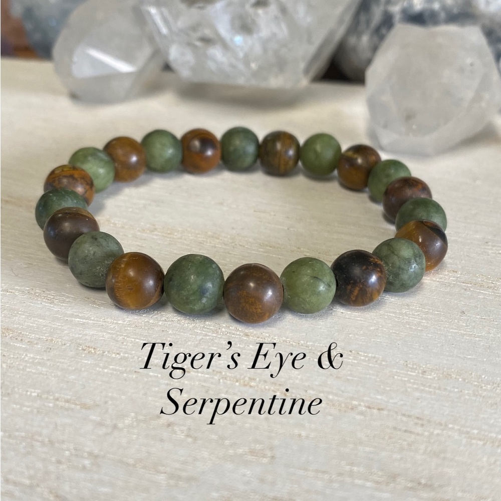 2/$40 - Tiger’s Eye and Matte Serpentine Gemstone Bracelet - Unisex